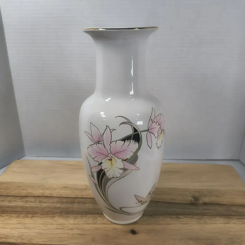Vtg Fine China Japan White Vase Pink Cream Orchids Butterfly Gold Trim 10.5 ” H
